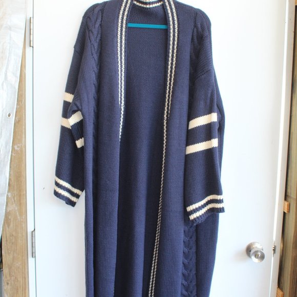 Buddha Trends Navy w/ White Stripes Long Open Front Knit Stitch Sweater Jacket - Picture 1 of 4